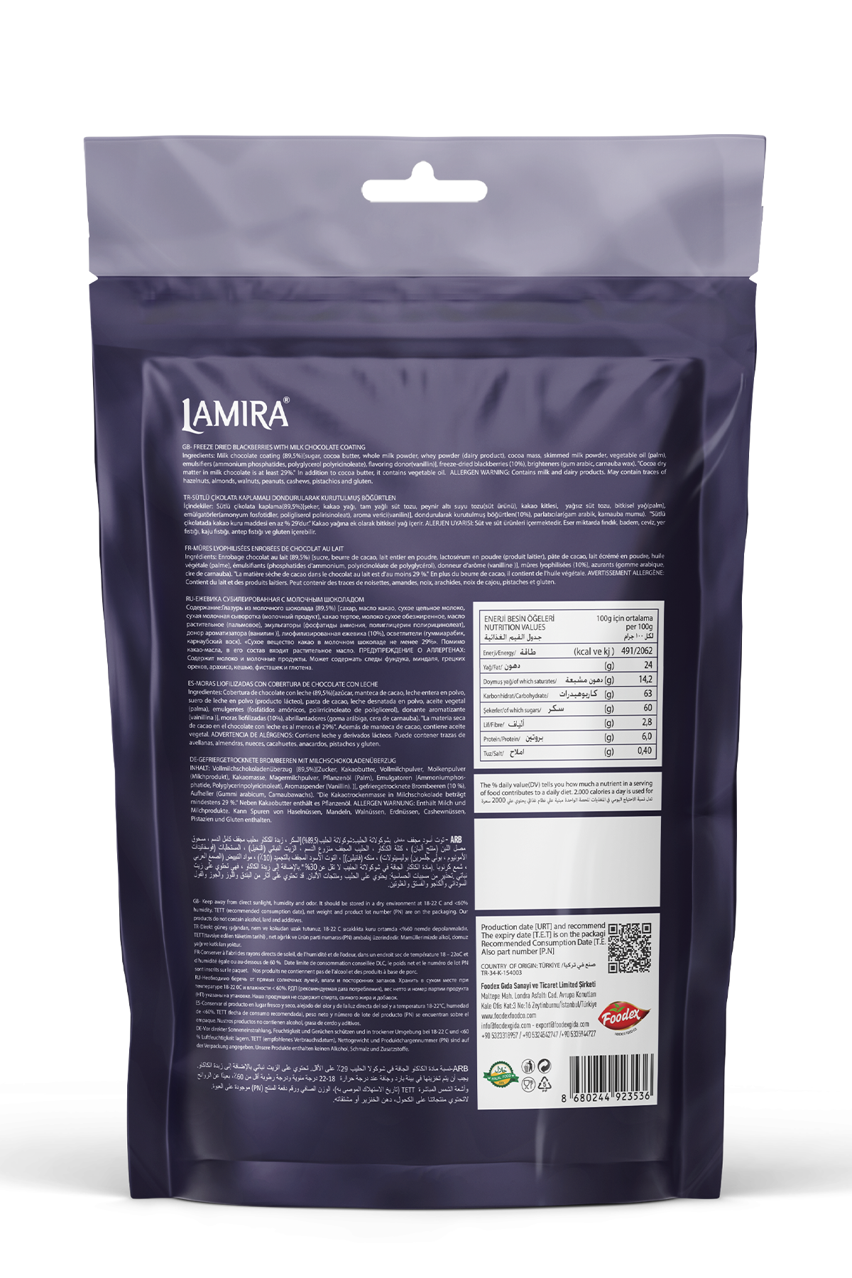 Lamira Dondurularak Kurutulmuş Böğürtlen Sütlü Çikolata 80G